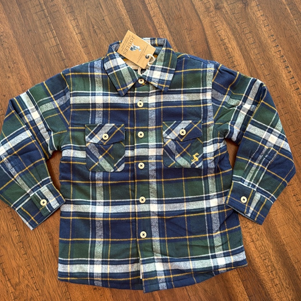 New Joules Boys Fleece Lined Shacket Button Down Plaid Flannel Shirt